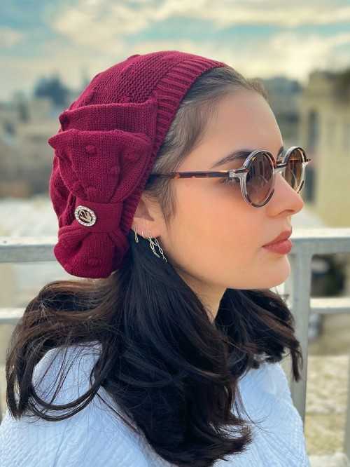 JACQUARD BURGUNDY BERET WITH BOW